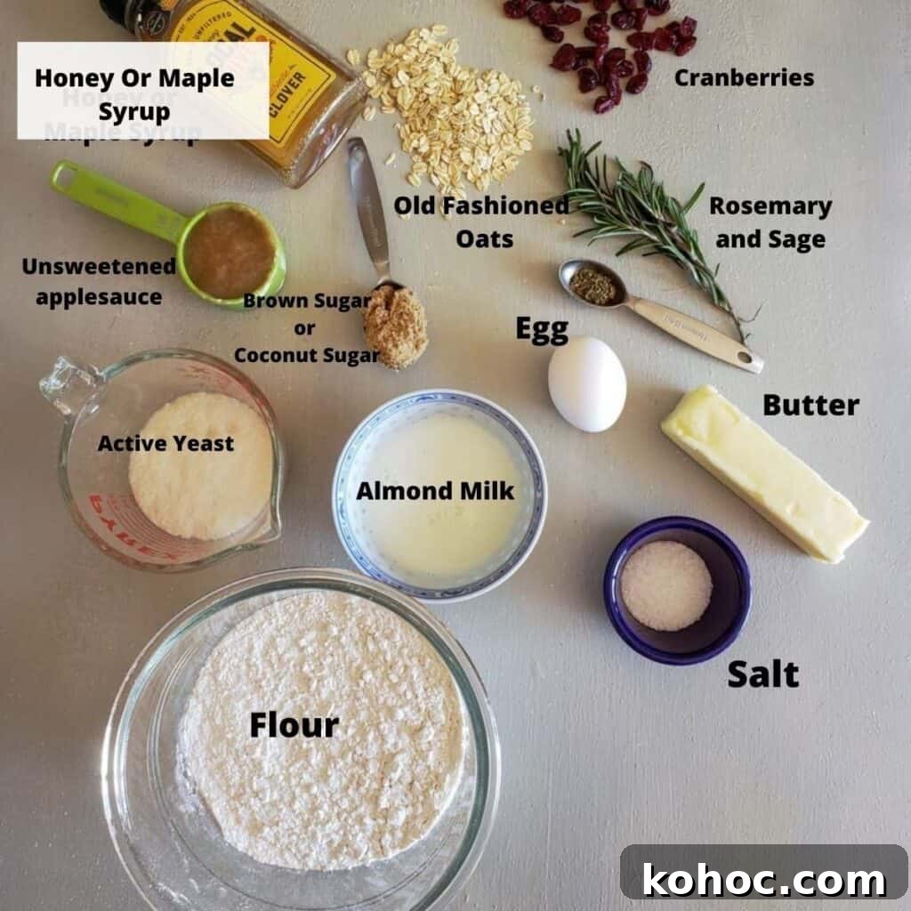 All the ingredients needed for cranberry herbed oat rolls.