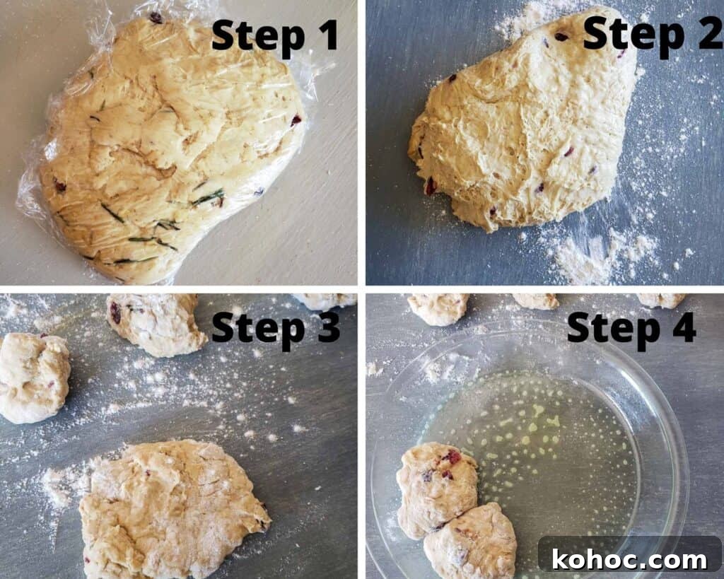 Steps 1 to 4 for cranberry herbed oat rolls. 
