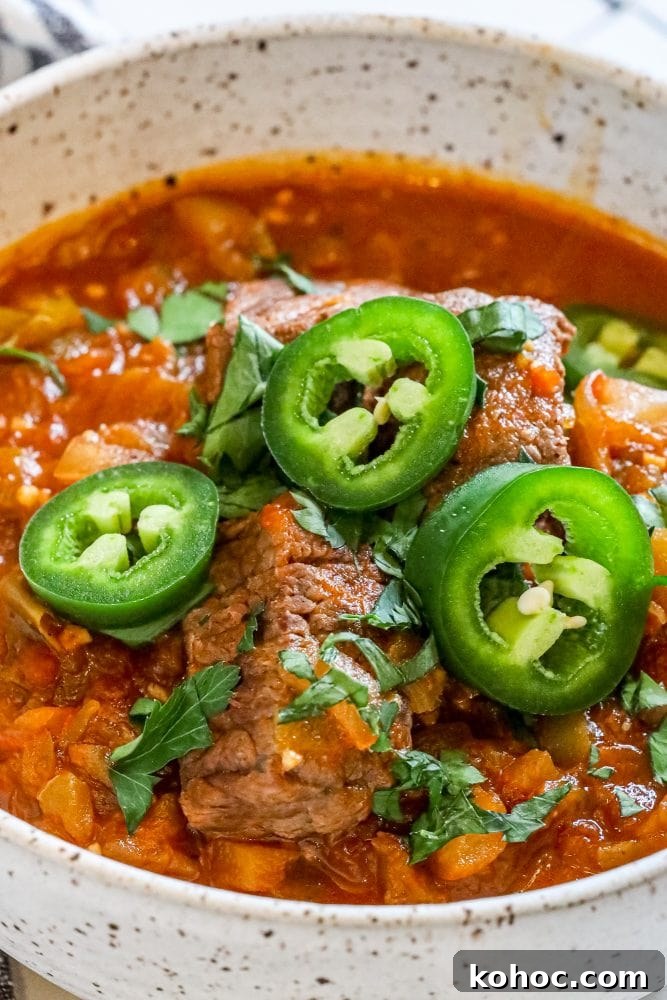 beef green chile with sliced jalapenos and chopped cilantro in a bowl 