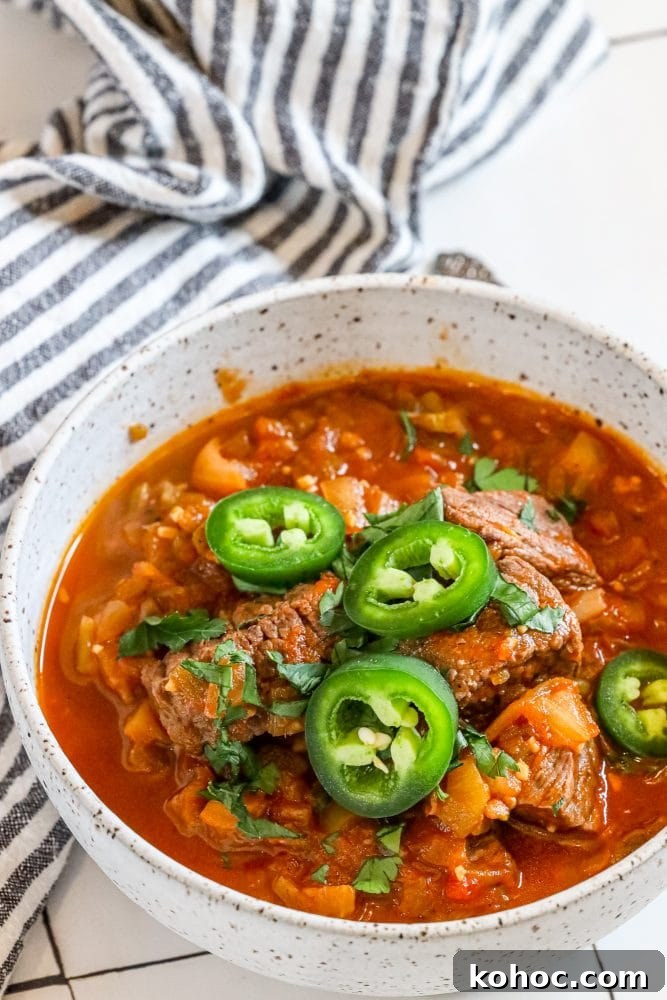 beef green chile with sliced jalapenos and chopped cilantro in a bowl 