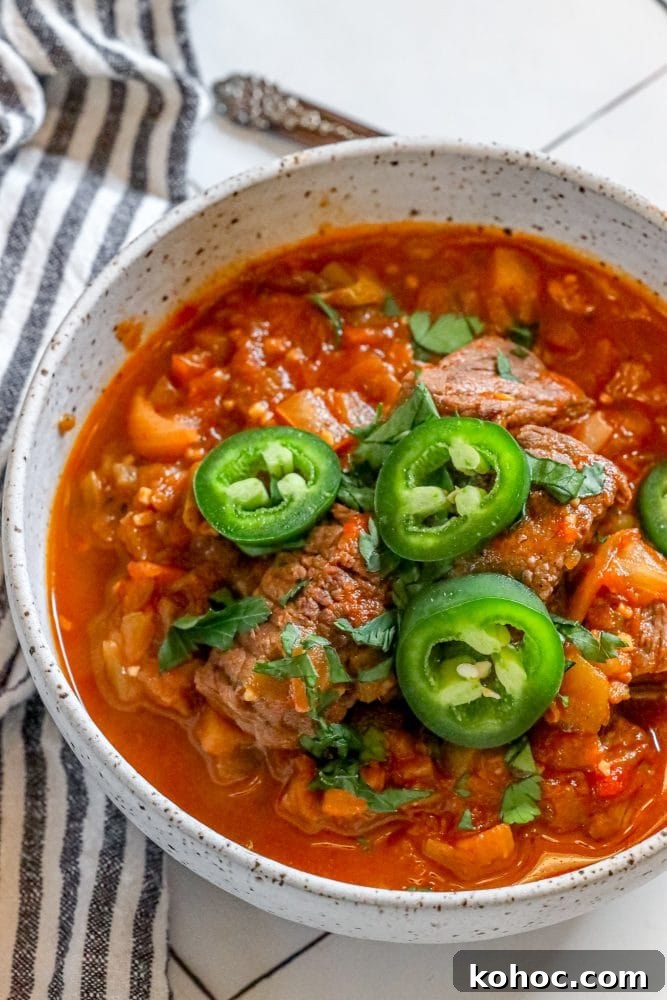 beef green chile with sliced jalapenos and chopped cilantro in a bowl 