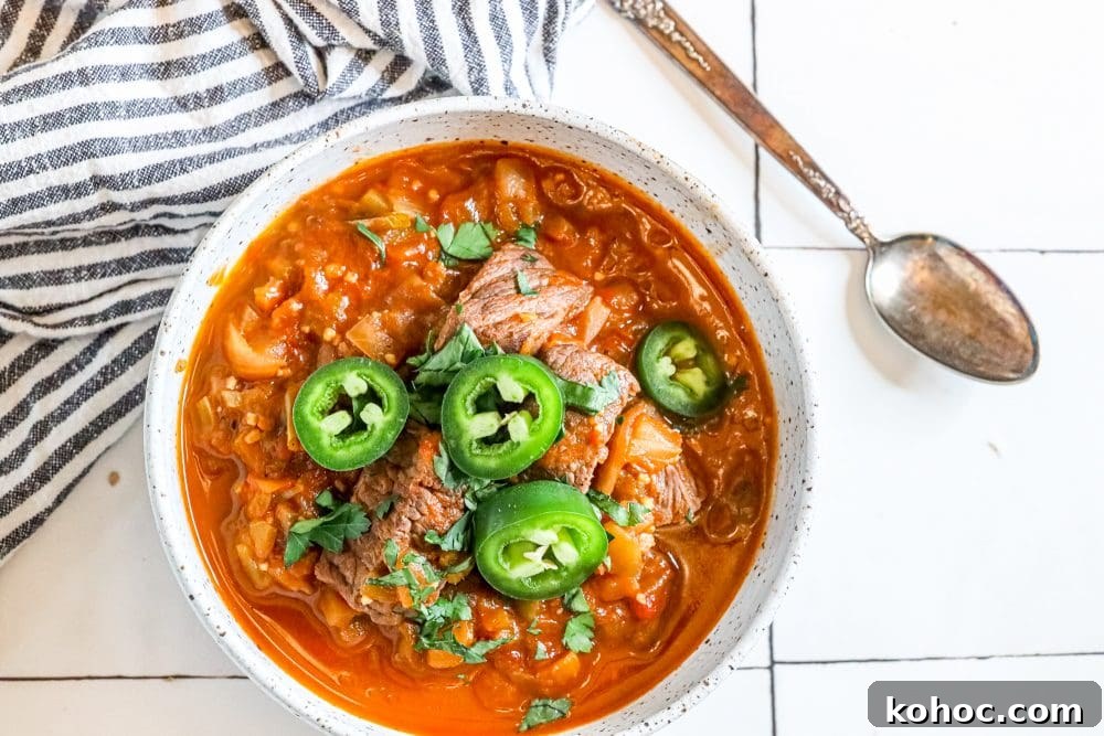 beef green chile with sliced jalapenos and chopped cilantro in a bowl 