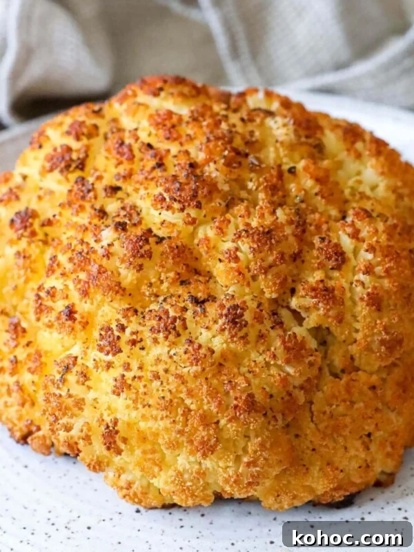 A whole roasted cauliflower on a plate with a napkin.