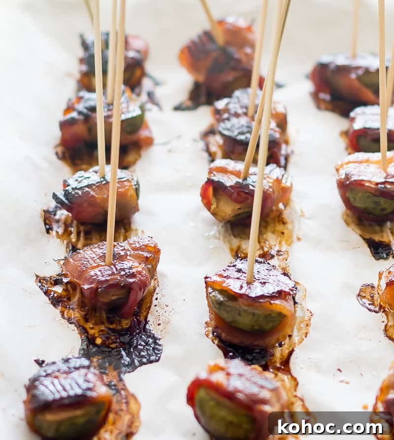 Bacon-Wrapped Brussels Sprouts: Crispy Holiday Side Dish 5 roasted brussels sprouts with bacon on skewers