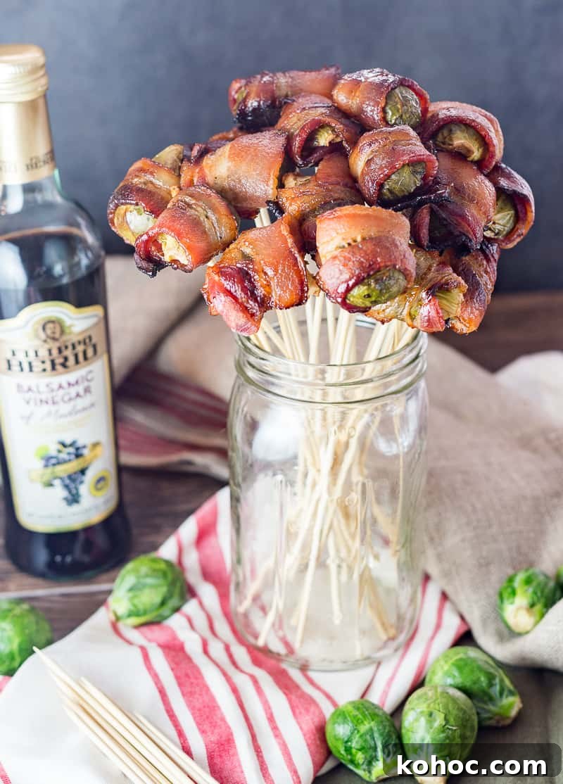 Bacon-Wrapped Brussels Sprouts: Crispy Holiday Side Dish 6 brussels sprouts wrapped in bacon on skewers like a bouquet