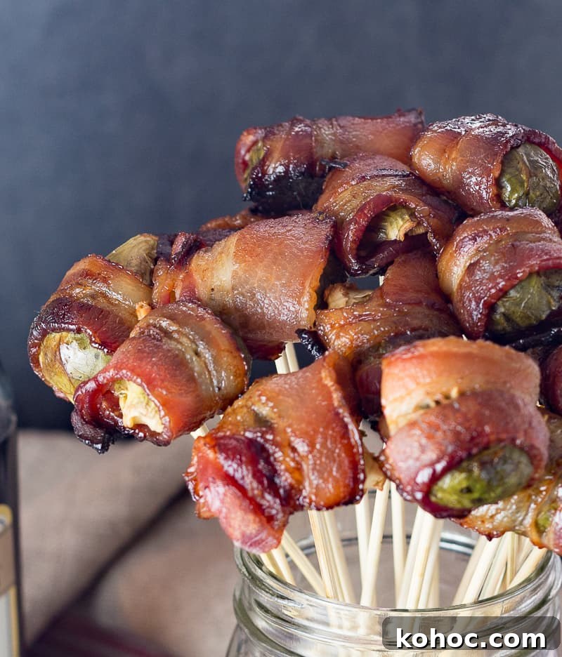 Bacon-Wrapped Brussels Sprouts: Crispy Holiday Side Dish 7 close up of brussels sprouts wrapped with bacon