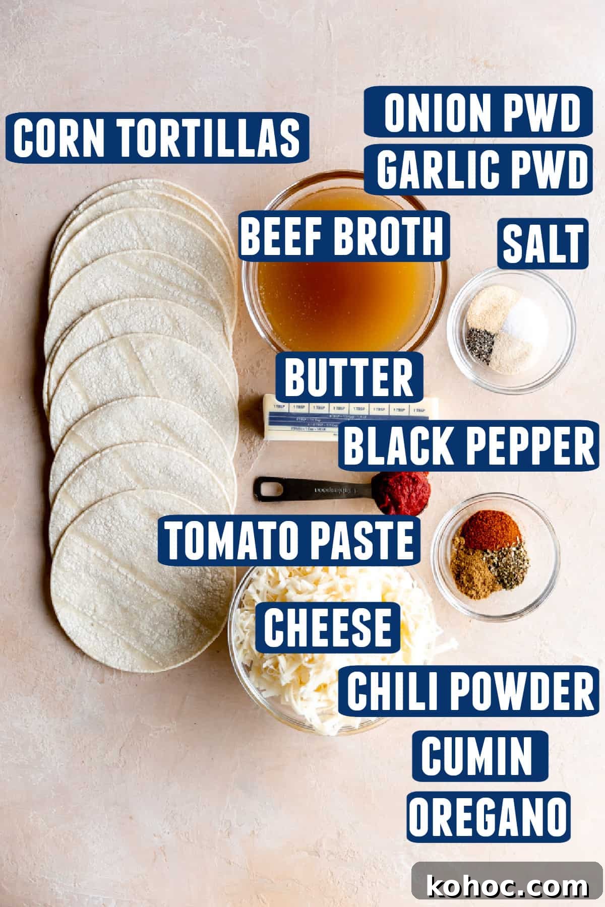 Tex-Mex Cheese Enchiladas with Melted Cheddar and Salsa Verde 3 Ingredients needed to make Tex Mex enchiladas laid out on the counter.