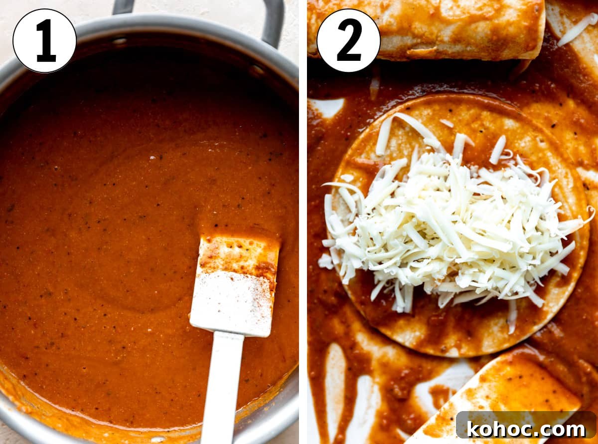 Tex-Mex Cheese Enchiladas with Melted Cheddar and Salsa Verde 4 How to make Tex Mex cheese enchiladas showing making the Texas Chili gravy sauce and layering corn tortillas coated in sauce with cheese before rolling.
