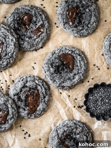 Black sesame cookies with pools of melted chocolate on a brown parchment paper background.