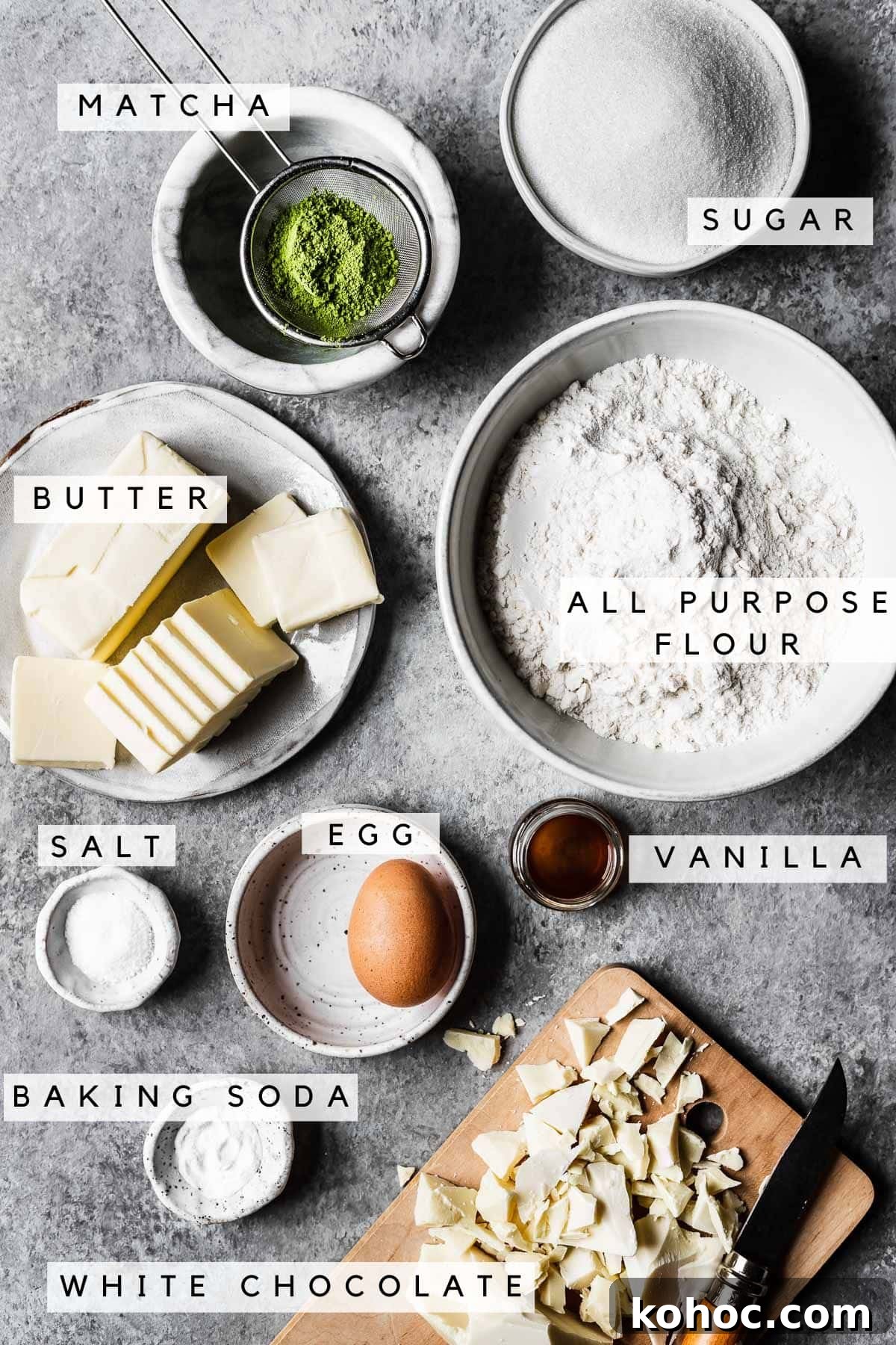 Matcha White Chocolate Cookies Recipe for Soft, Chewy Treats 3 Labeled ingredients for matcha chocolate chip cookies.