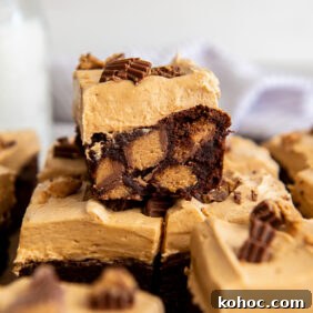 Frosted Peanut Butter Brownies Recipe — Rich Fudgy Chocolate Bars 12 frosted peanut butter brownie with peanut butter cups inside.