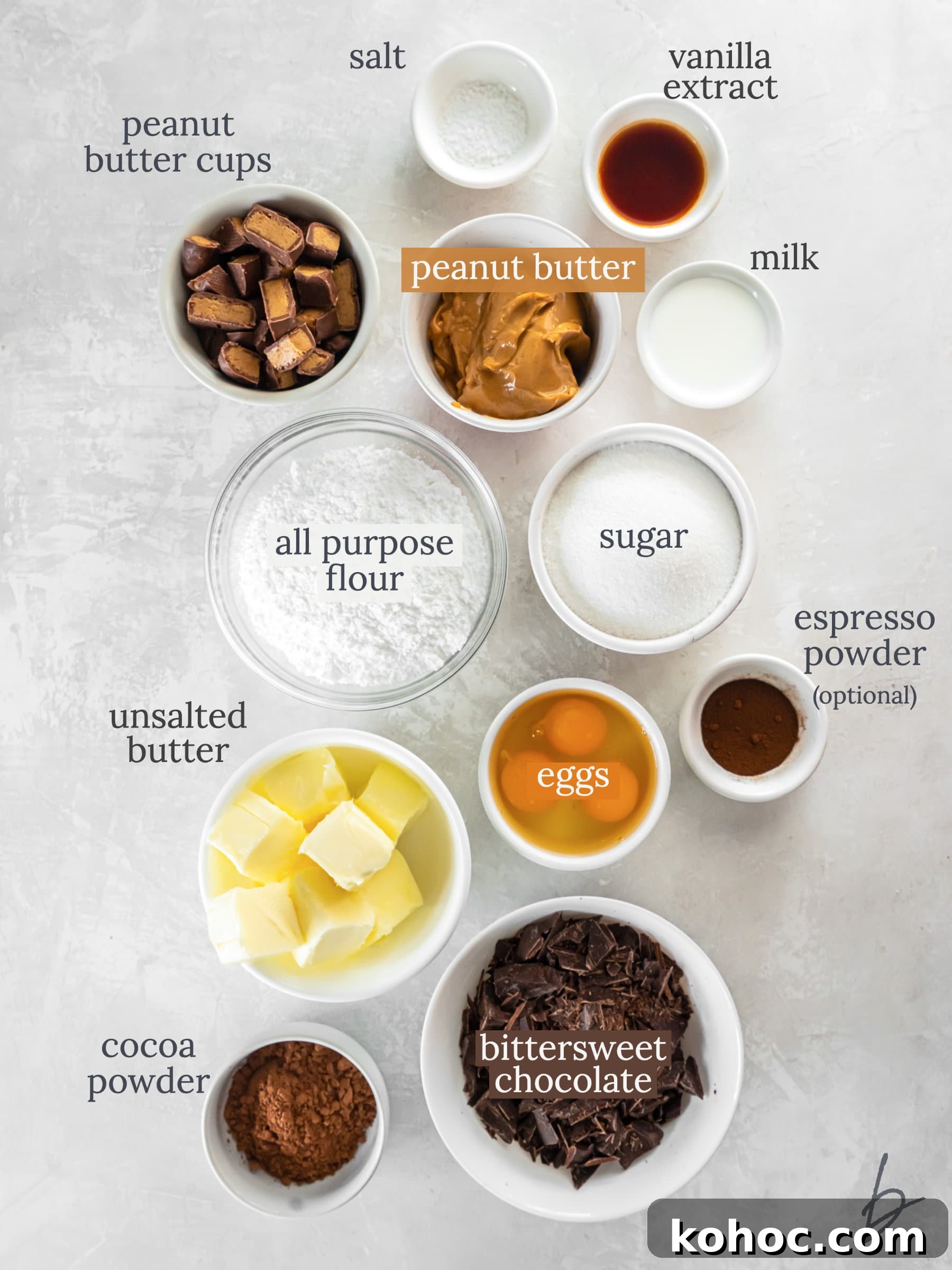 Frosted Peanut Butter Brownies Recipe — Rich Fudgy Chocolate Bars 3 bowls of ingredients for peanut butter brownies.