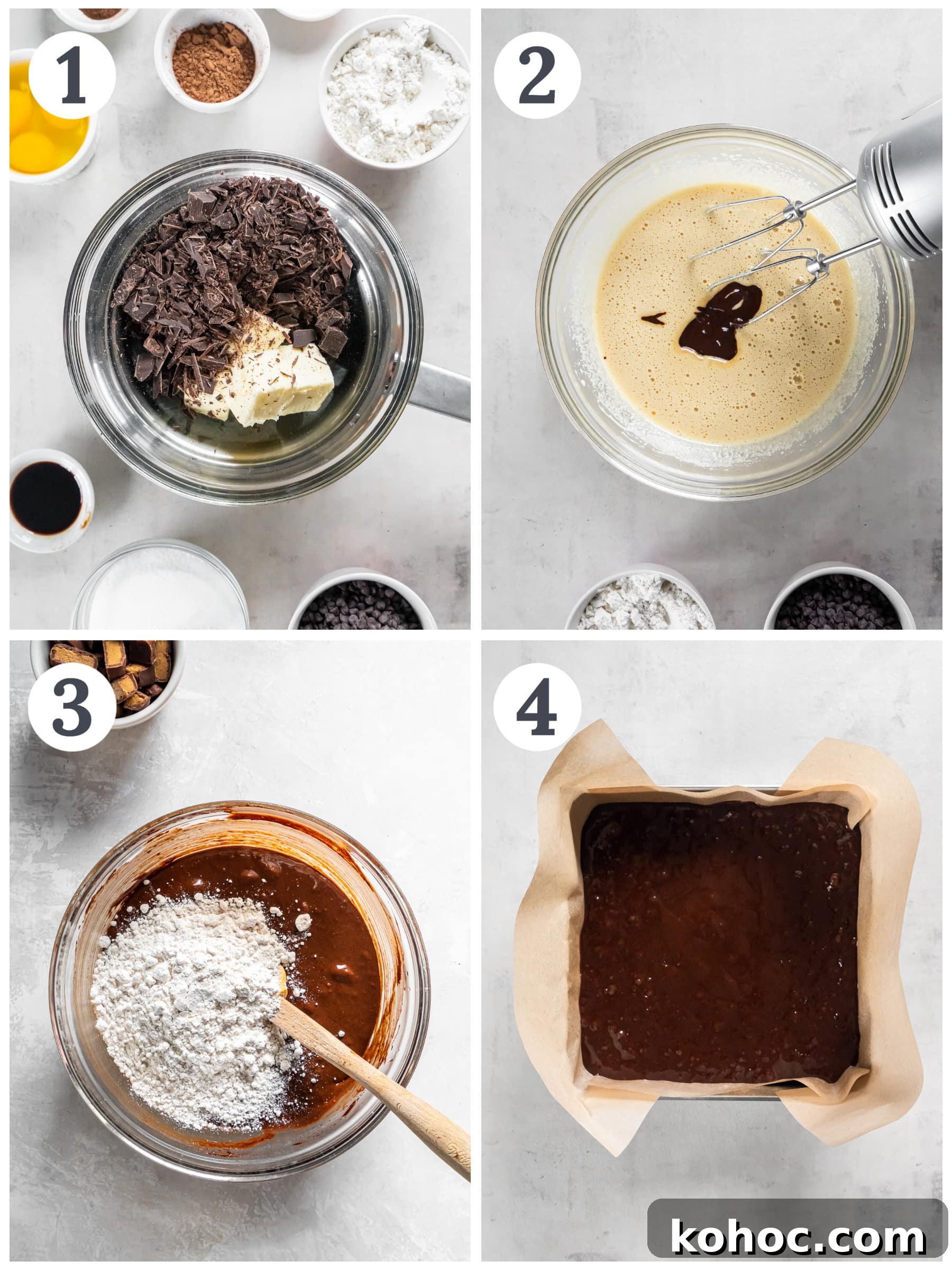 Frosted Peanut Butter Brownies Recipe — Rich Fudgy Chocolate Bars 4 photo collage demonstrating how to make peanut butter brownies in a mixing bowl.