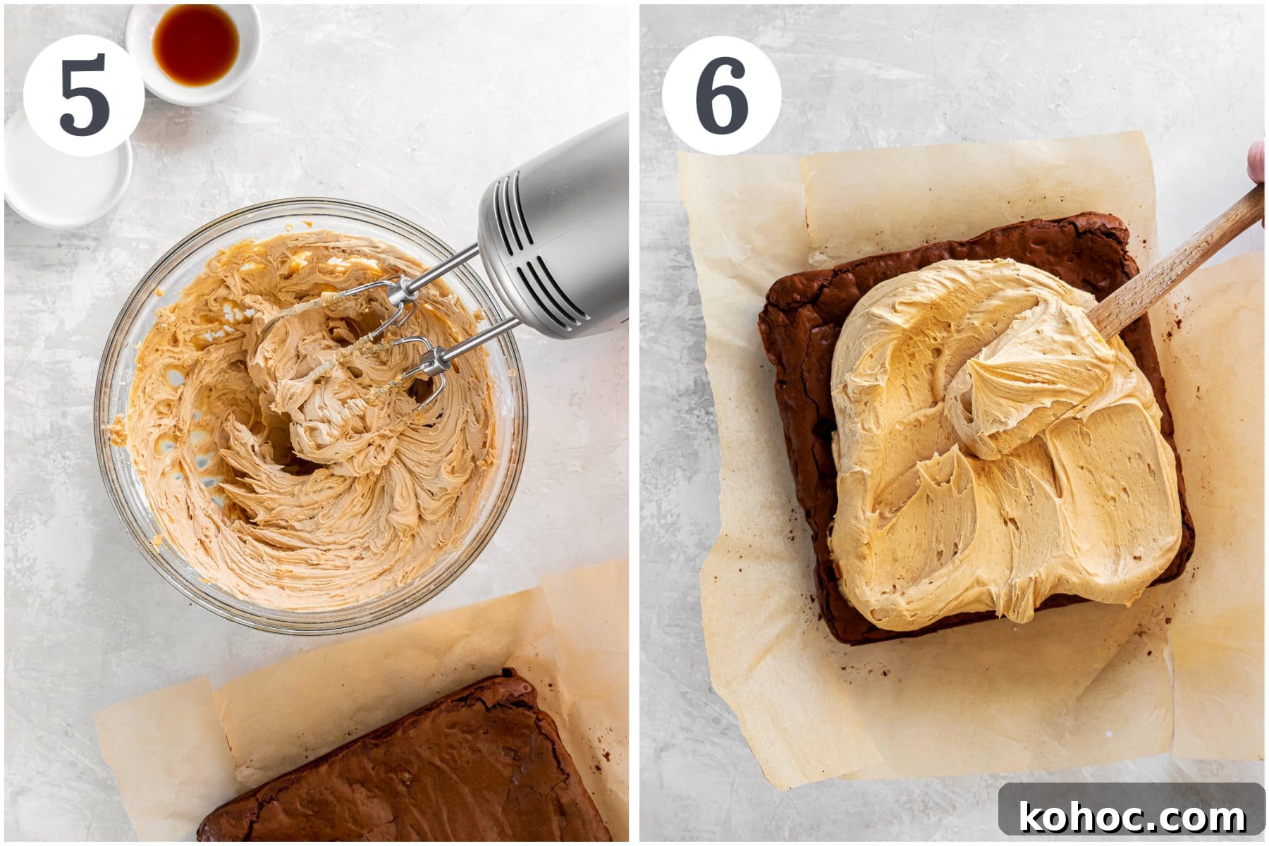Frosted Peanut Butter Brownies Recipe — Rich Fudgy Chocolate Bars 5 photo collage demonstrating how to make peanut butter frosting for brownies.