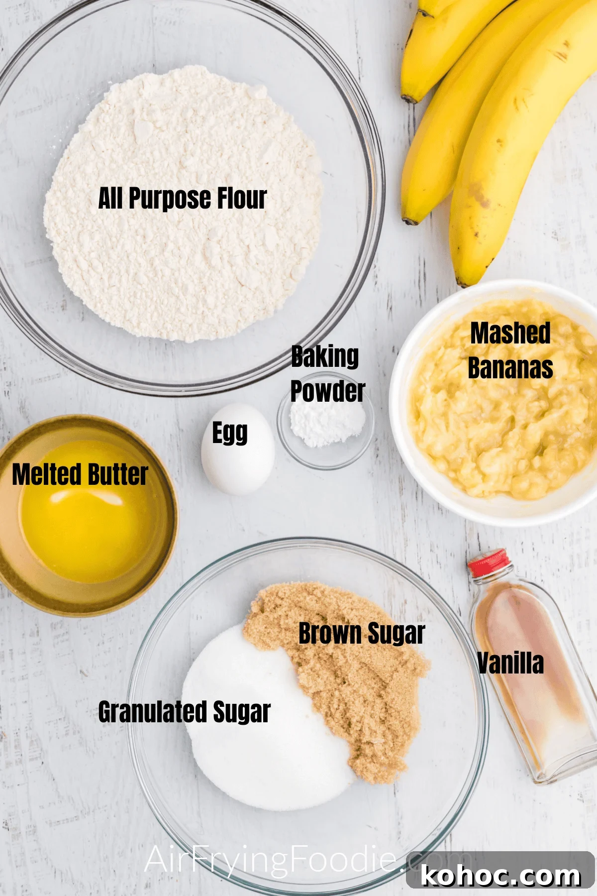 Ingredients measured out to be used in making banana muffins. 