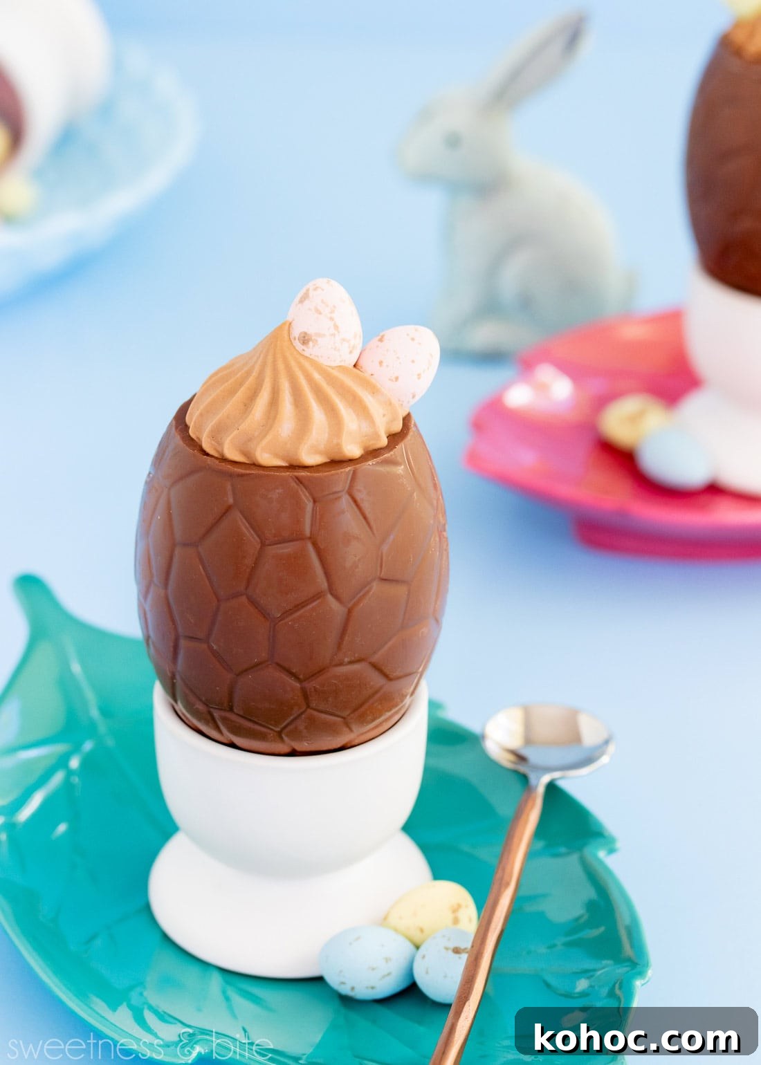 Milk Chocolate Mousse Easter Eggs Recipe for Spring Celebrations 3 Close up of a chocolate egg filled with mousse, decorated with Cadbury mini eggs.