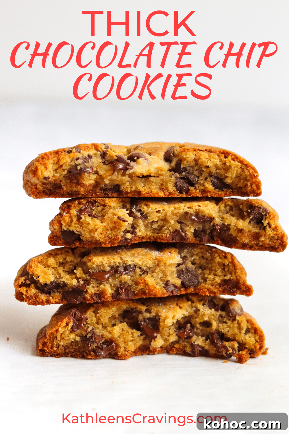 Thick Chewy Chocolate Chip Cookie Recipe 2 Stack of four chocolate chip cookie halves with text overlay