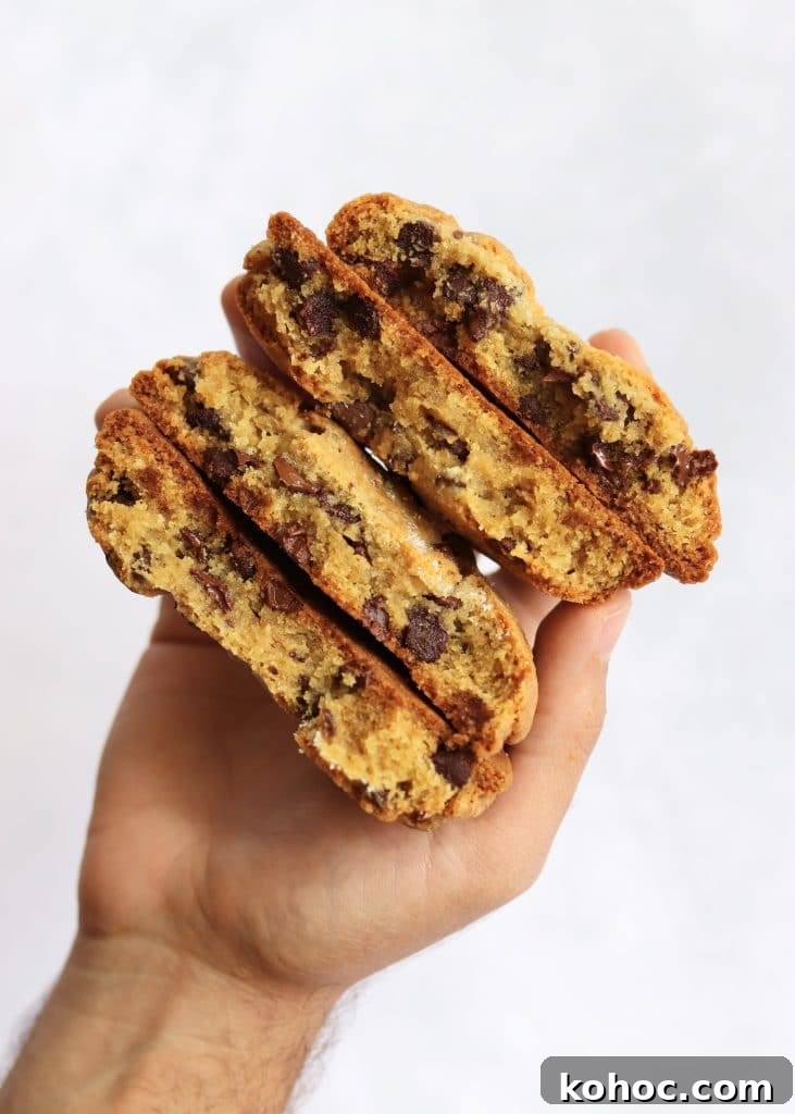 Thick Chewy Chocolate Chip Cookie Recipe 4 hand holding two split thick chocolate chip cookies