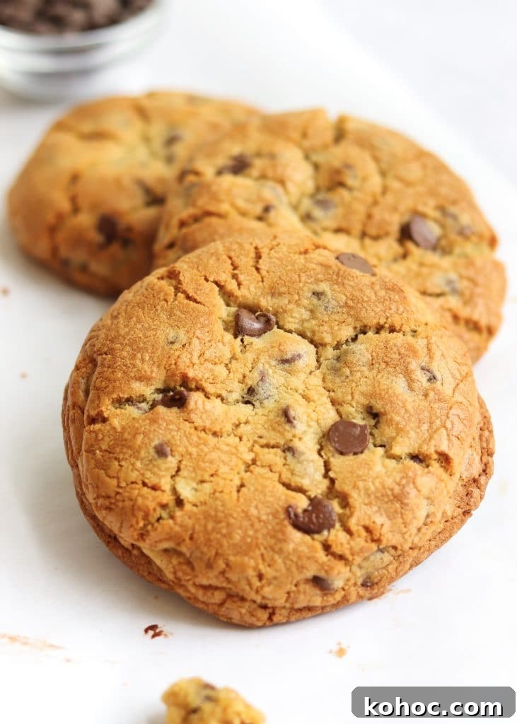 Thick Chewy Chocolate Chip Cookie Recipe 5 three giant cookies with small bowl of chocolate chips