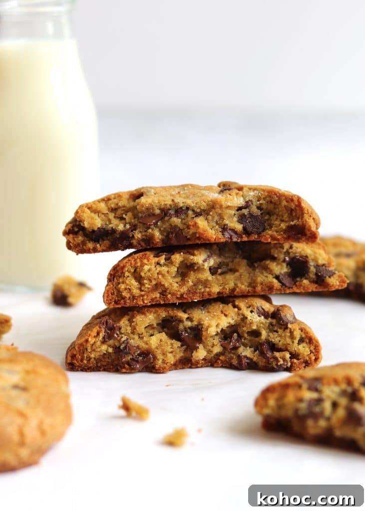Thick Chewy Chocolate Chip Cookie Recipe 7 Stack of chocolate chip cookies with glass of milk