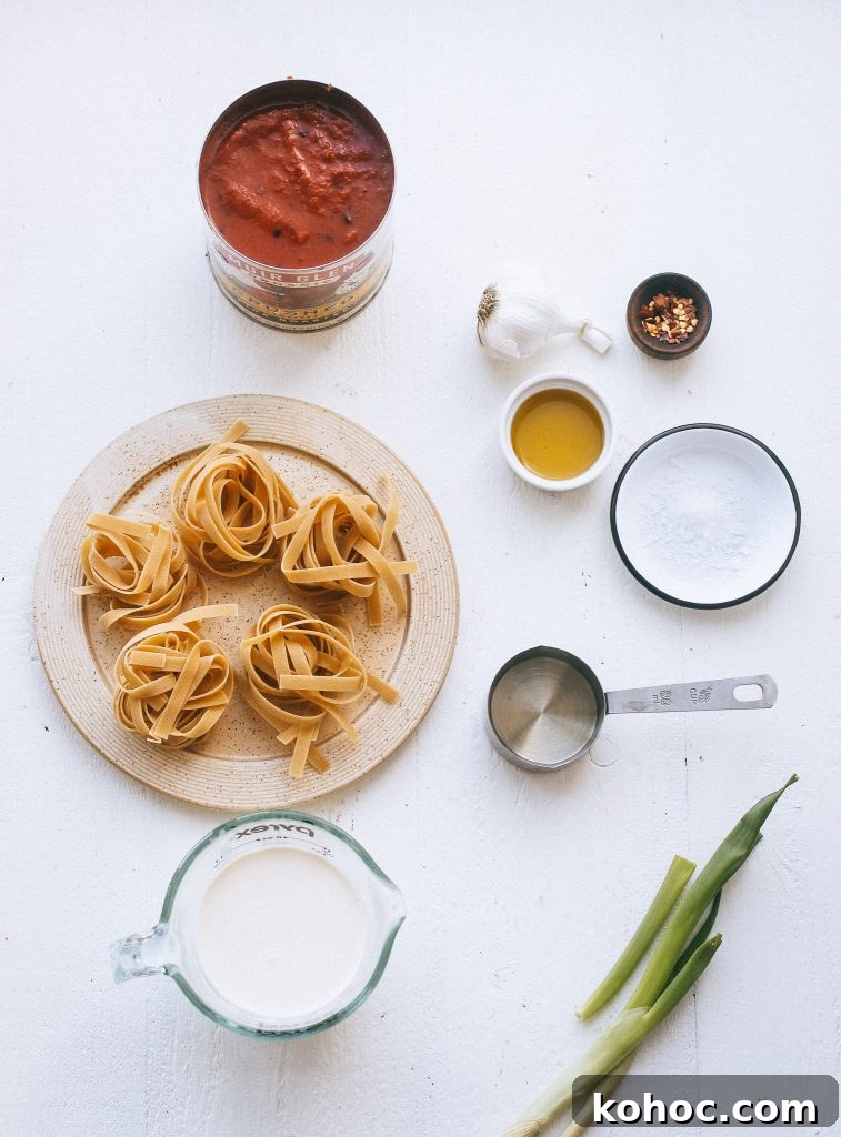 Grandma’s Classic Vodka Sauce Recipe برای Family Gatherings 3 ingredient layout shot for vodka sauce pasta