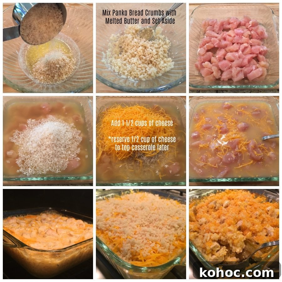Cheesy Chicken and Rice Bake with Creamy Golden Topping 3 Casserole preparation steps