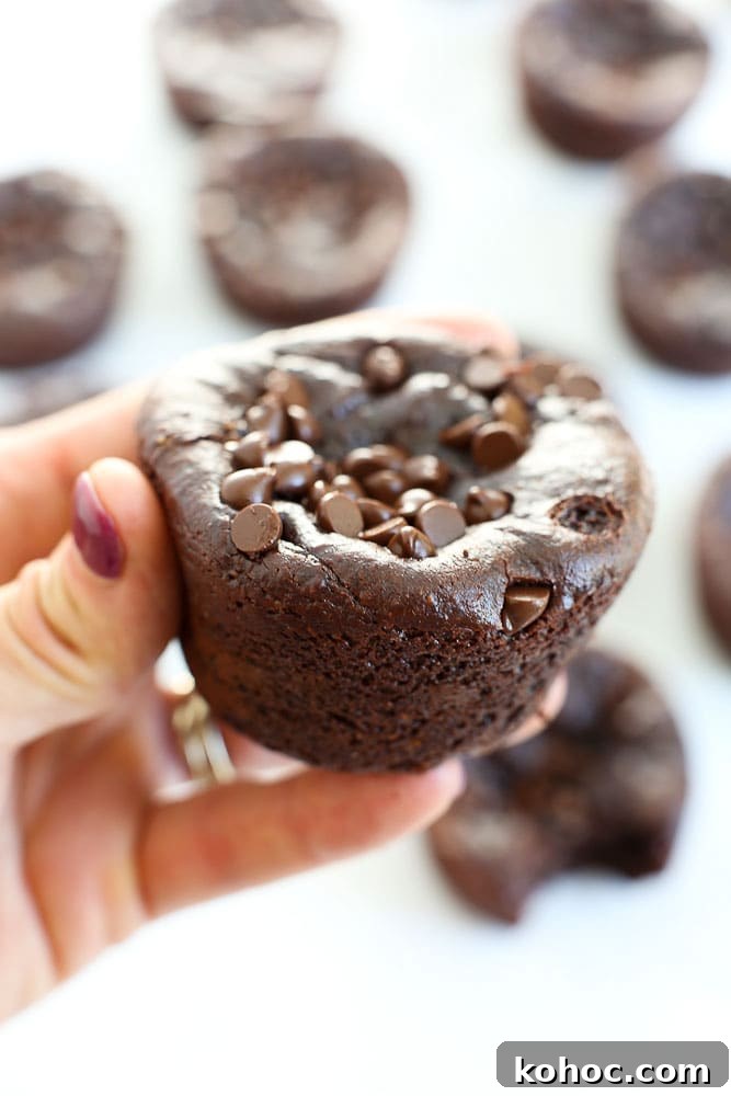 15 Quick 5-Ingredient Blender Muffin Recipes 12 Holding a Flourless Chocolate Peanut BUtter Blender Muffin Recipe
