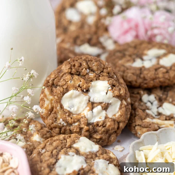 Chewy Brown-Butter Oatmeal Cookies with Sea Salt 10 brown butter oatmeal cookie leaned up against a glass of milk with fresh flowers in the background