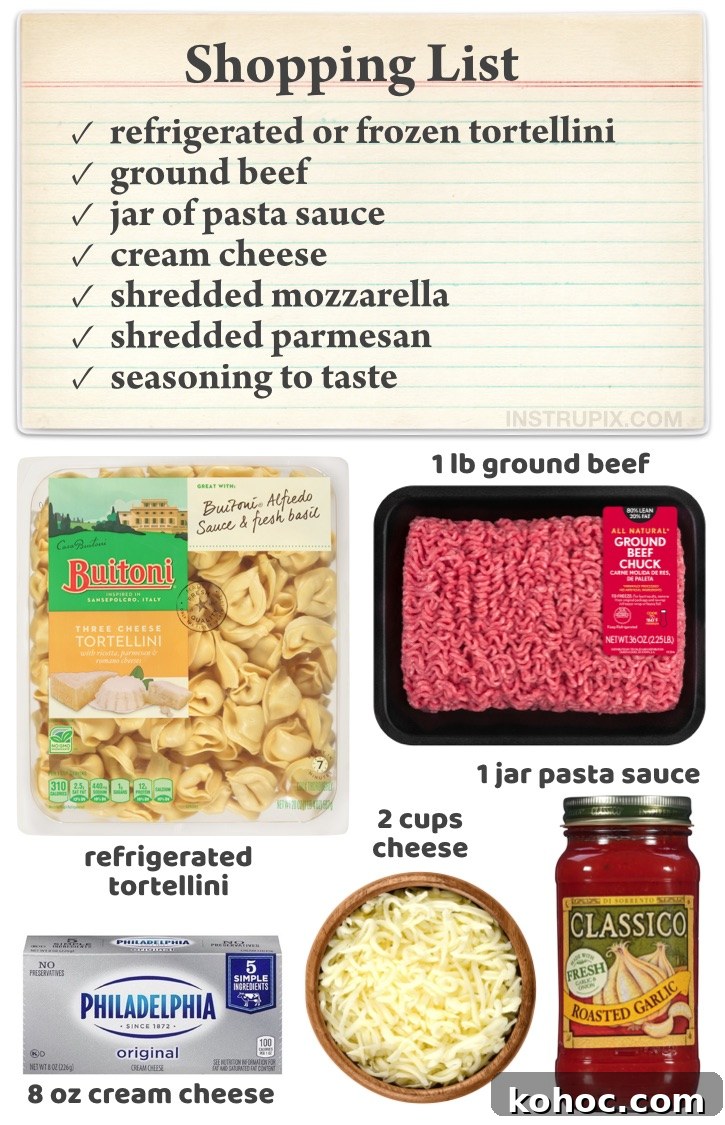 Quick and easy dinner recipes for a family with kids! These cheesy baked tortellini casserole is absolutely delicious and feeds a large hungry family, plus it's made with really simple and cheap ingredients including ground beef, pasta, pasta sauce, cream cheese and shredded mozzarella. The best Italian dinner recipe!