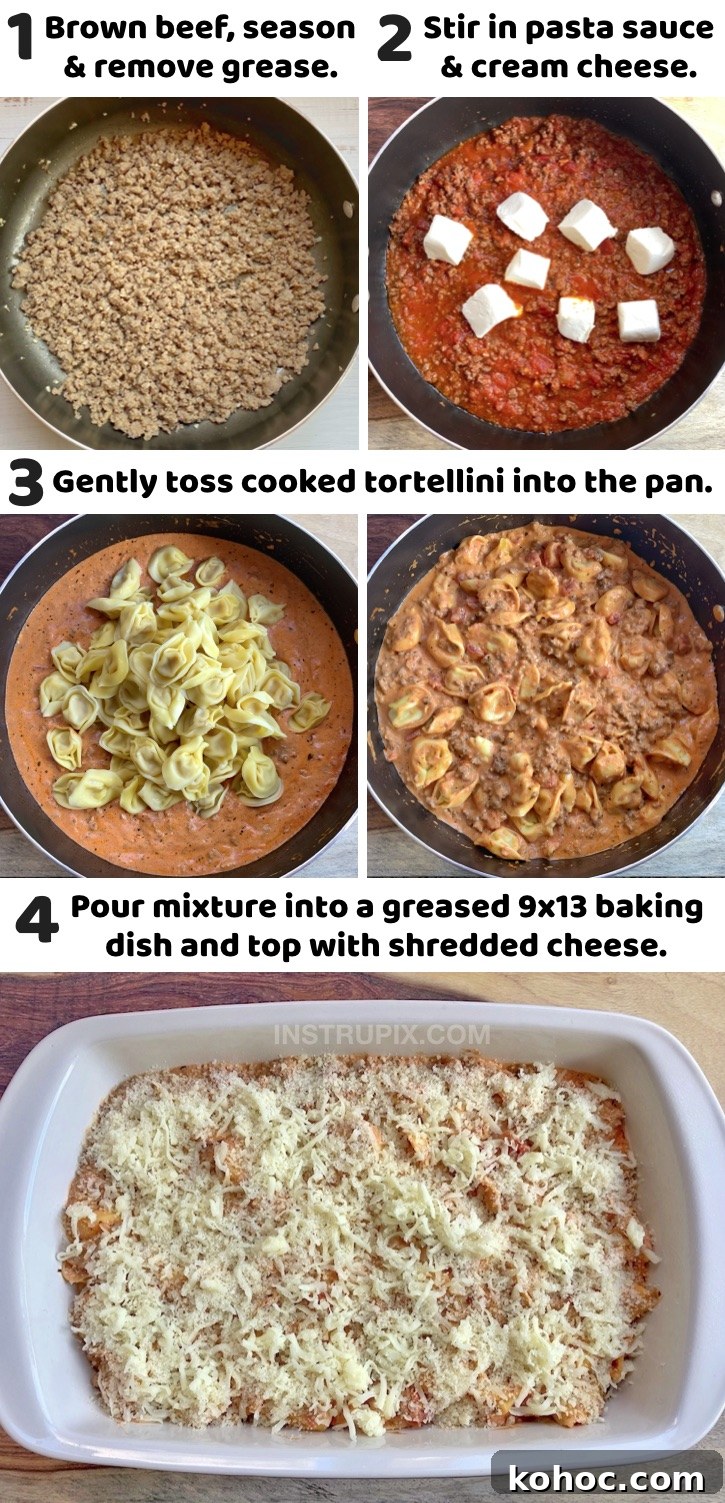 Quick and Easy Family Dinner Recipes - This cheesy baked tortellini pasta casserole is a hit with my kids! Even my picky eaters devour it. If you're looking for simple weeknight meals made with just a few ingredients, this pasta casserole is made with just a few cheap ingredients and feeds a large family of six or more. A super yummy Italian inspired meal with a twist! Great for last minute ground beef dinners, plus it's budget friendly and kid approved.