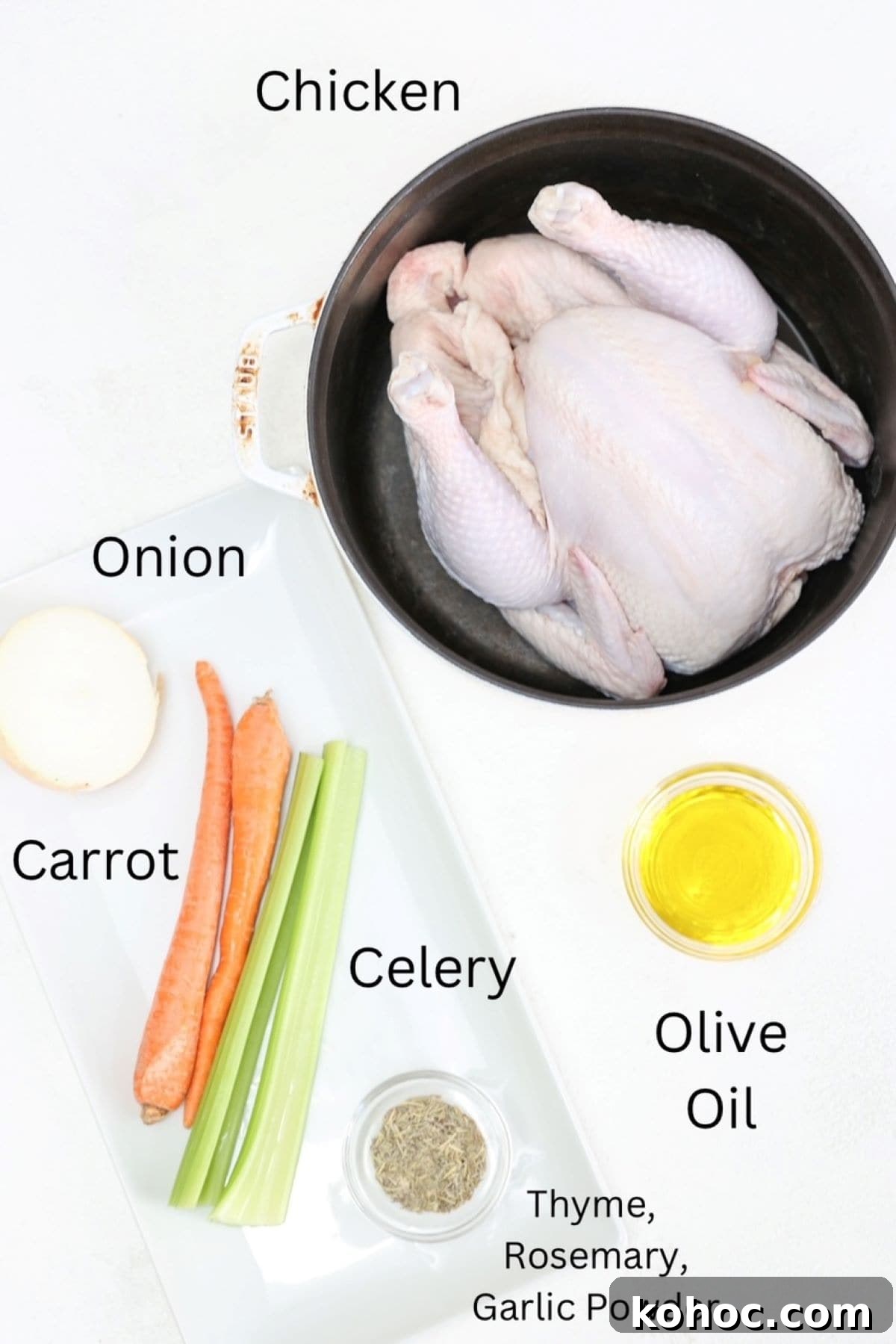 Dutch Oven Roast Chicken with Crispy Skin and Herb Pan Sauce 3 Ingredients for roasting a whole chicken in a Dutch oven, labeled.