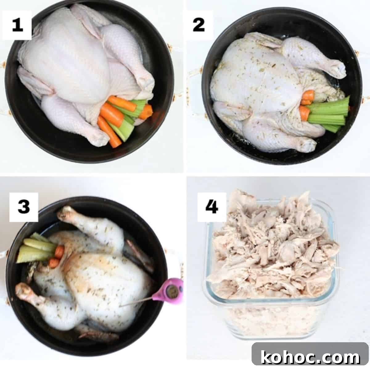 Dutch Oven Roast Chicken with Crispy Skin and Herb Pan Sauce 4 Four numbered images showing how to make Dutch oven chicken.