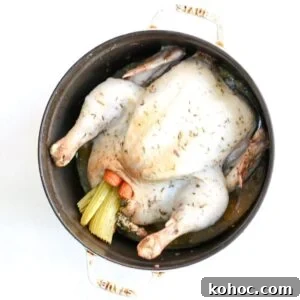 Dutch Oven Roast Chicken with Crispy Skin and Herb Pan Sauce 9 A whole roasted chicken stuffed with carrots and celery in a white Dutch oven.