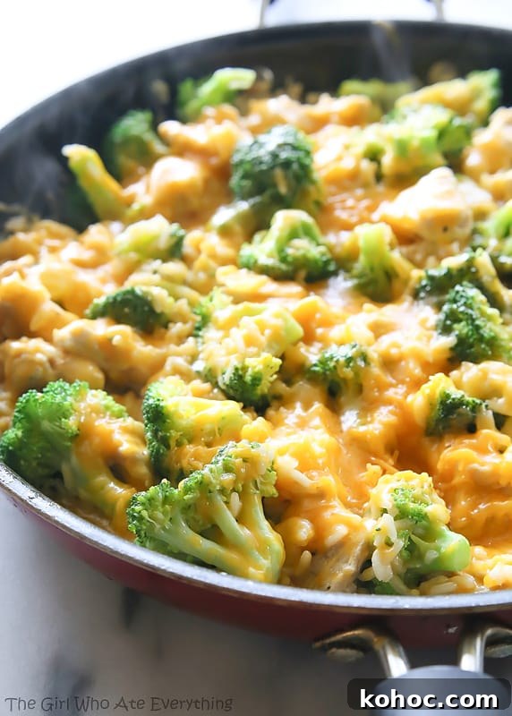 One-Pan Cheesy Chicken, Broccoli, and Rice in a pan