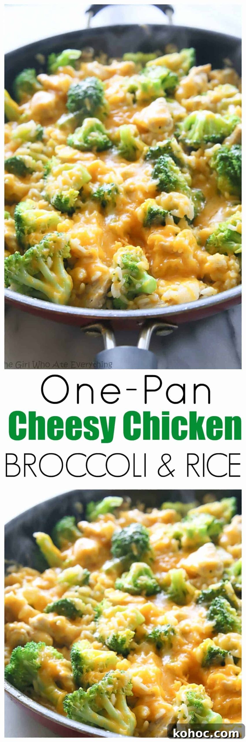 One-Pan Cheesy Chicken Broccoli and Rice Skillet - my go-to for an easy dinner. the-girl-who-ate-everything.com