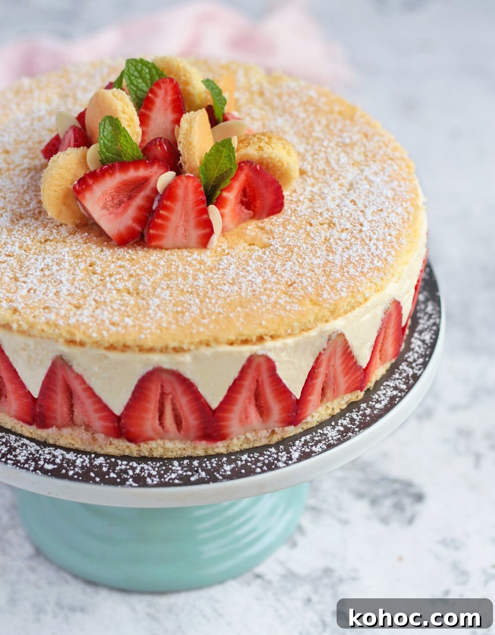 Strawberry Fraisier Cake with Silky Diplomat Cream Filling 3 Side view of the cake.