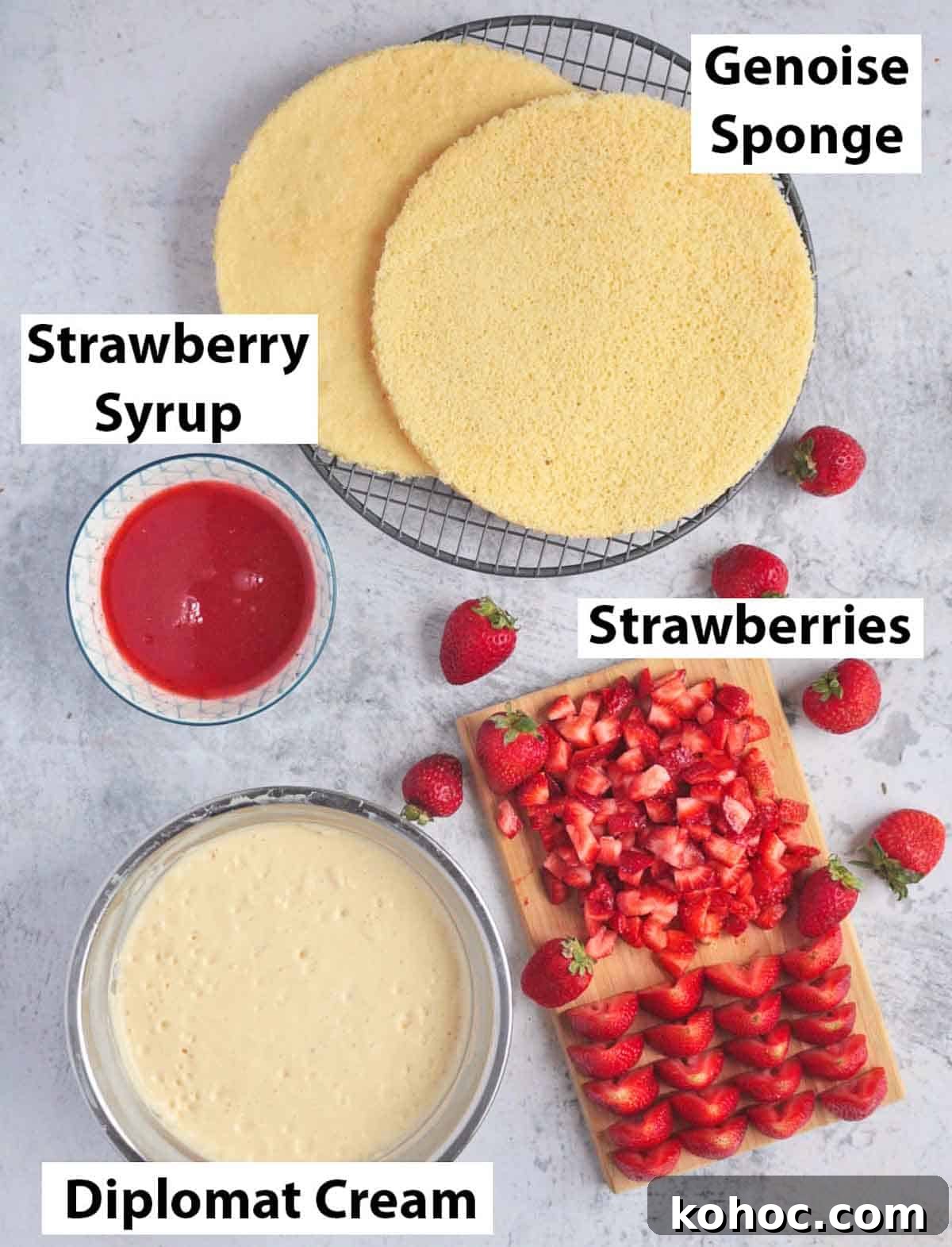 Strawberry Fraisier Cake with Silky Diplomat Cream Filling 4 Cake Ingredients and Layer Components.
