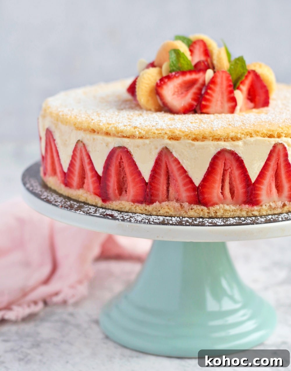 Strawberry Fraisier Cake with Silky Diplomat Cream Filling 5 Close up on the fresh strawberries and Diplomat Cream.