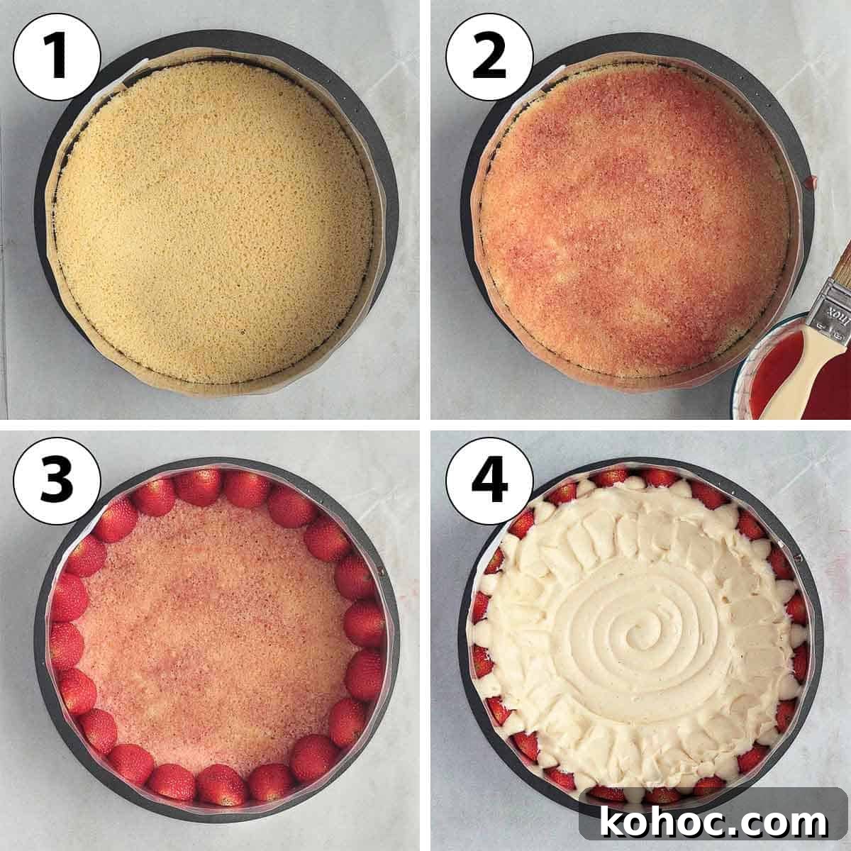 Strawberry Fraisier Cake with Silky Diplomat Cream Filling 6 Process Shot Collage: step 1 to 4
