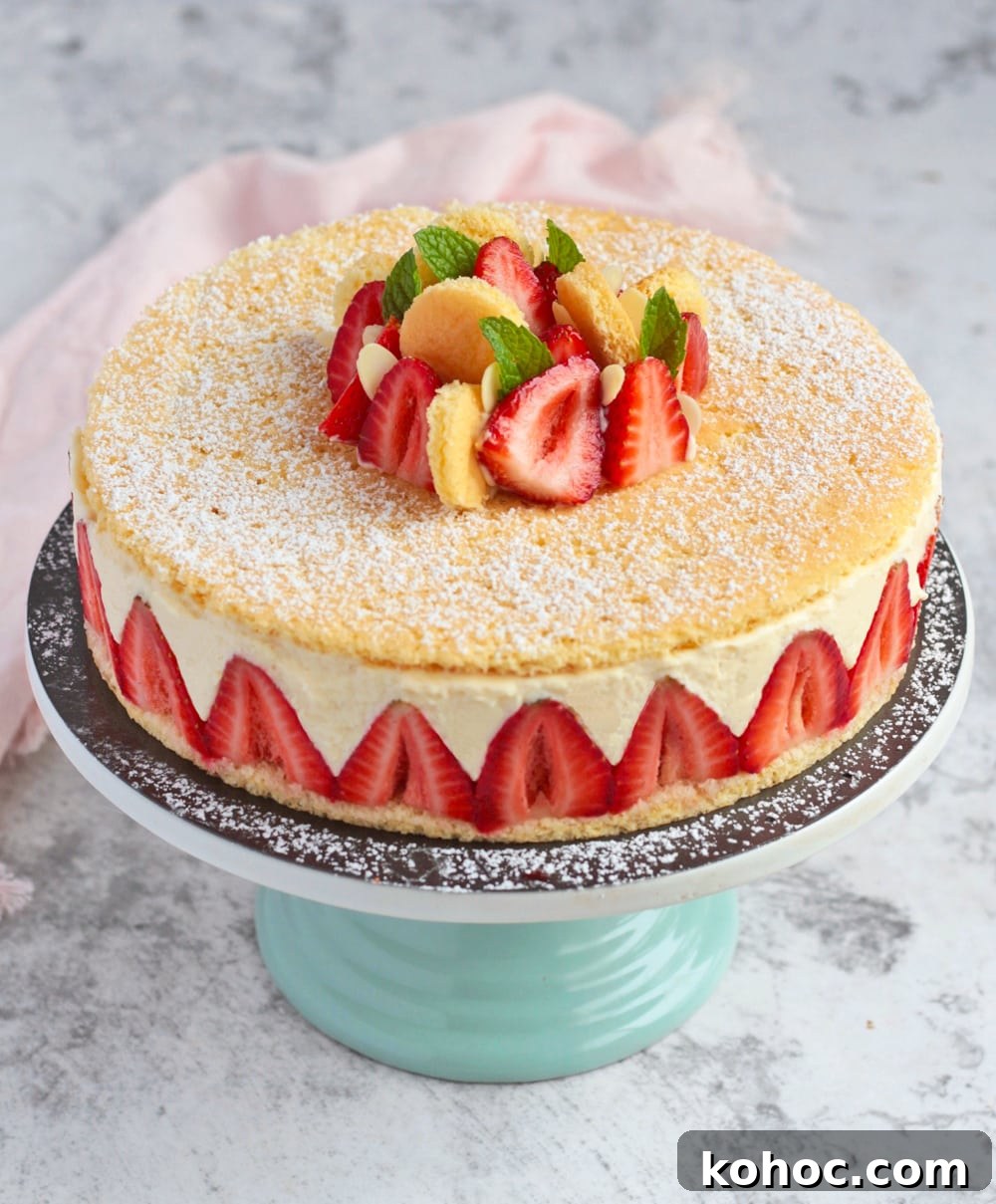 Strawberry Fraisier Cake with Silky Diplomat Cream Filling 8 Fresh Strawberries over a layer of Genoise.