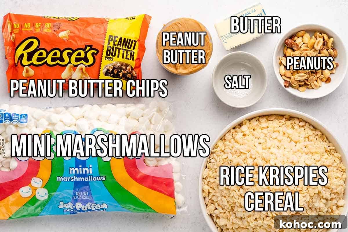 Peanut Butter Rice Krispie Treats Recipe — Chewy No-Bake Bars 3 recipe ingredients with text labels