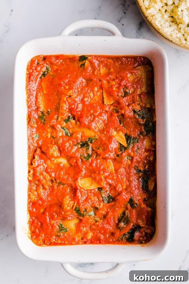 High-Protein Lazy Lasagna Recipe for Quick Meals 10 Lazy lasagna assembled in a 9x13 baking dish, without cheese