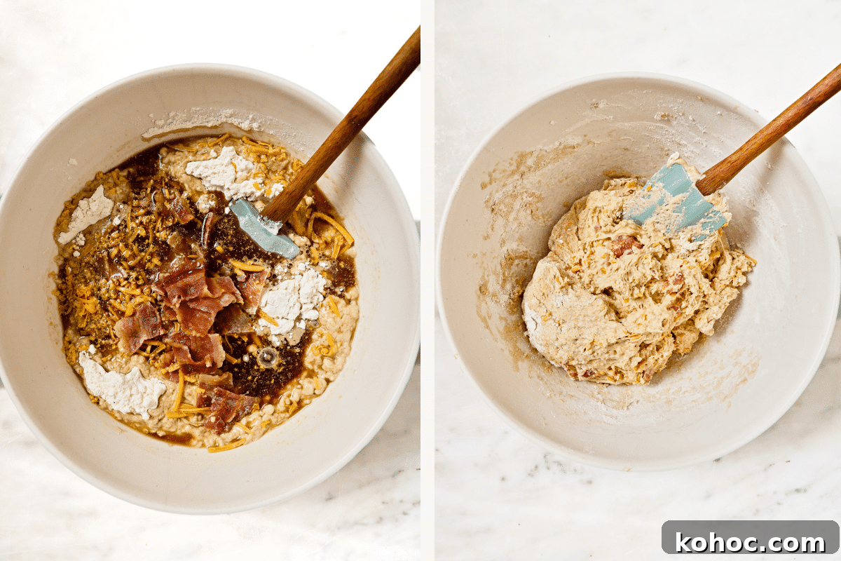 Left: ingredients in a mixing bowl. Right: Ingredients mixed together. 