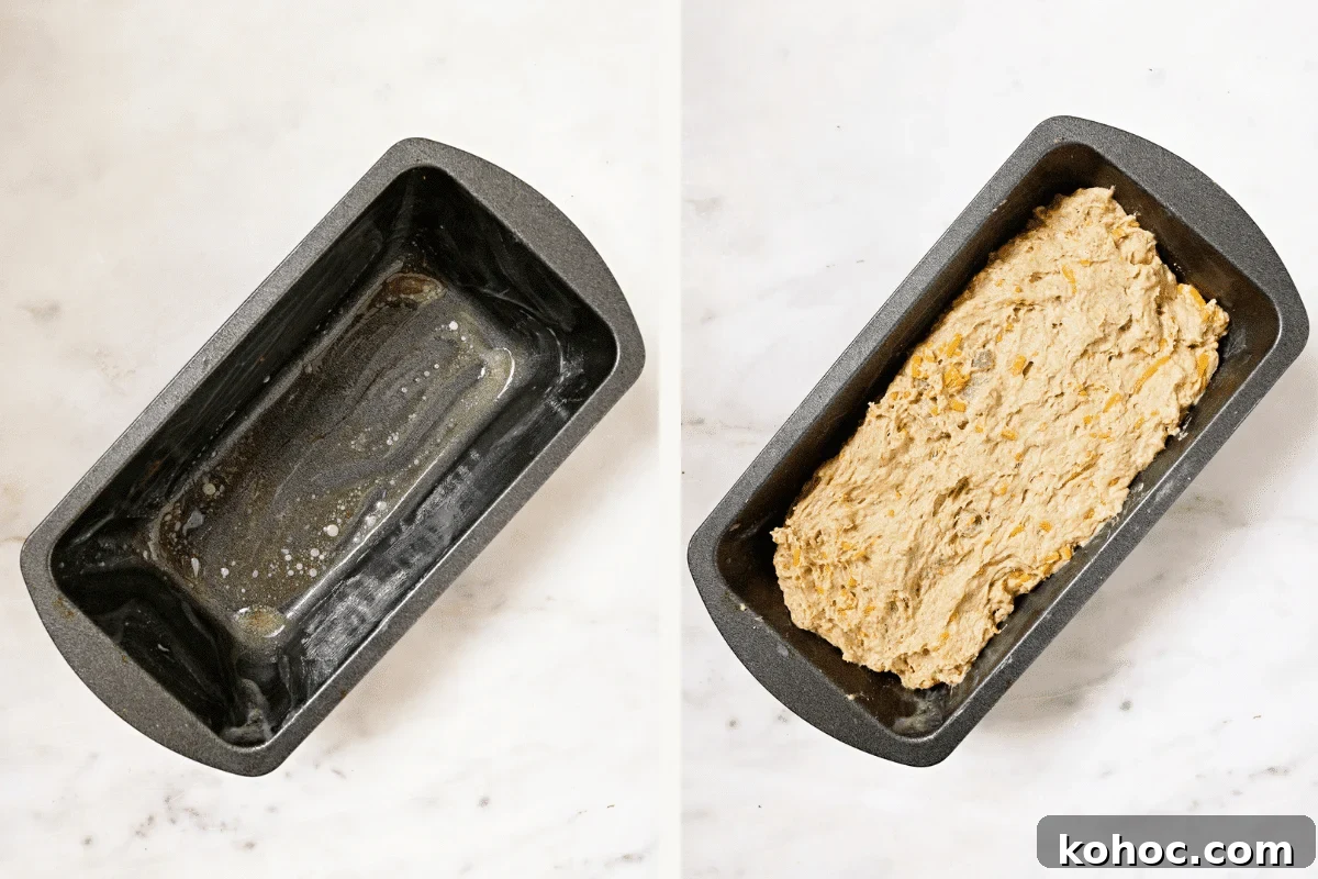 Left: a greased bread pan. Right: bread dough in the pan. 