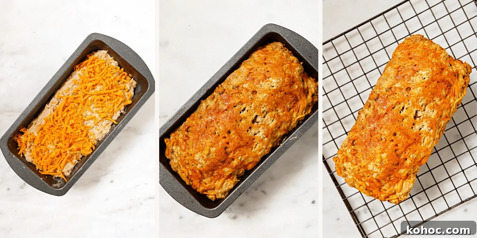 Left: cheese added on top . Center: cooked beer bread. Right: Bread on a cooling rack. 