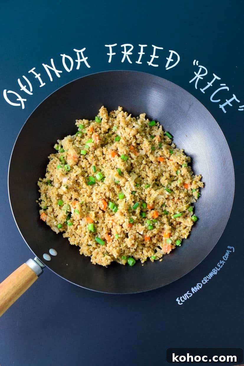 Quinoa Fried Rice: Flavorful Stir-Fry with Veggies and Egg 2 Quinoa Fried Rice in Wok with Chalkboard Title