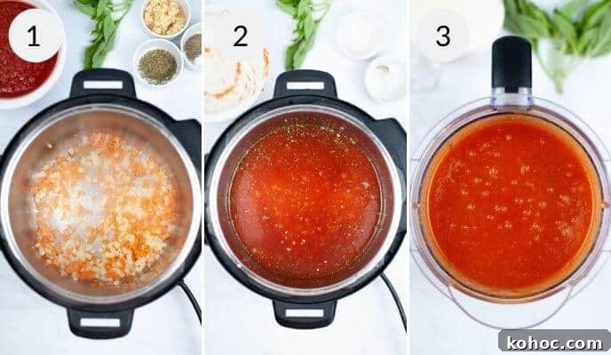 Creamy Instant Pot Tomato Soup Recipe for Quick Weeknight Meals 5 The three-step process of making Instant Pot Tomato Soup involves sautéing onions and garlic, mixing ingredients in the pot, and blending the soup. Various fresh ingredients are visible in separate bowls.