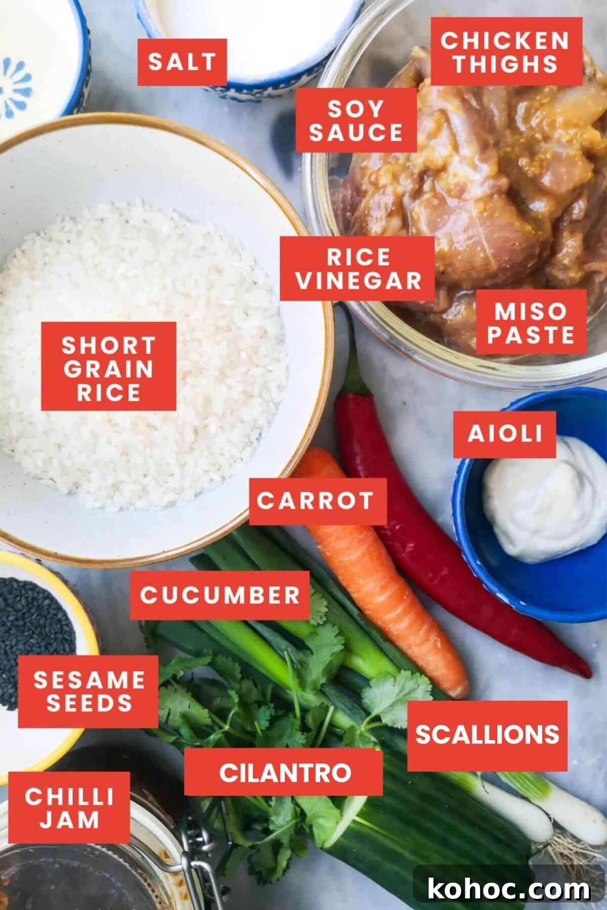 Juicy Chicken Poke Bowl Recipe for Fresh, Flavor-Packed Meals 3 Ingredients for miso chicken poke bowls laid out and labelled.