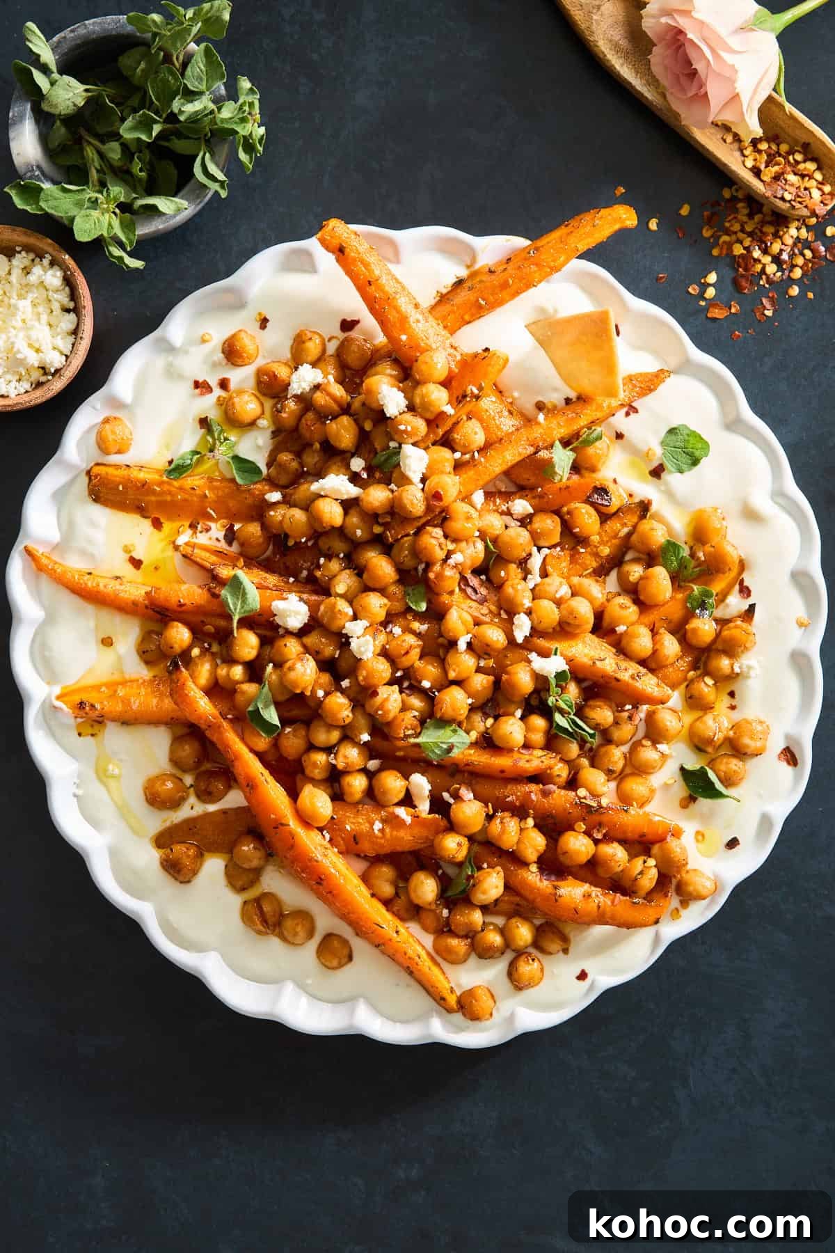 Roasted Carrots & Chickpeas with Creamy Whipped Feta 9 A plate of chickpeas and roasted carrots with whipped feta.