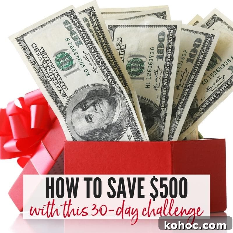 Red box filled with hundred dollar bills & How to Save $500 in 30 Days graphic | A Reinvented Mom